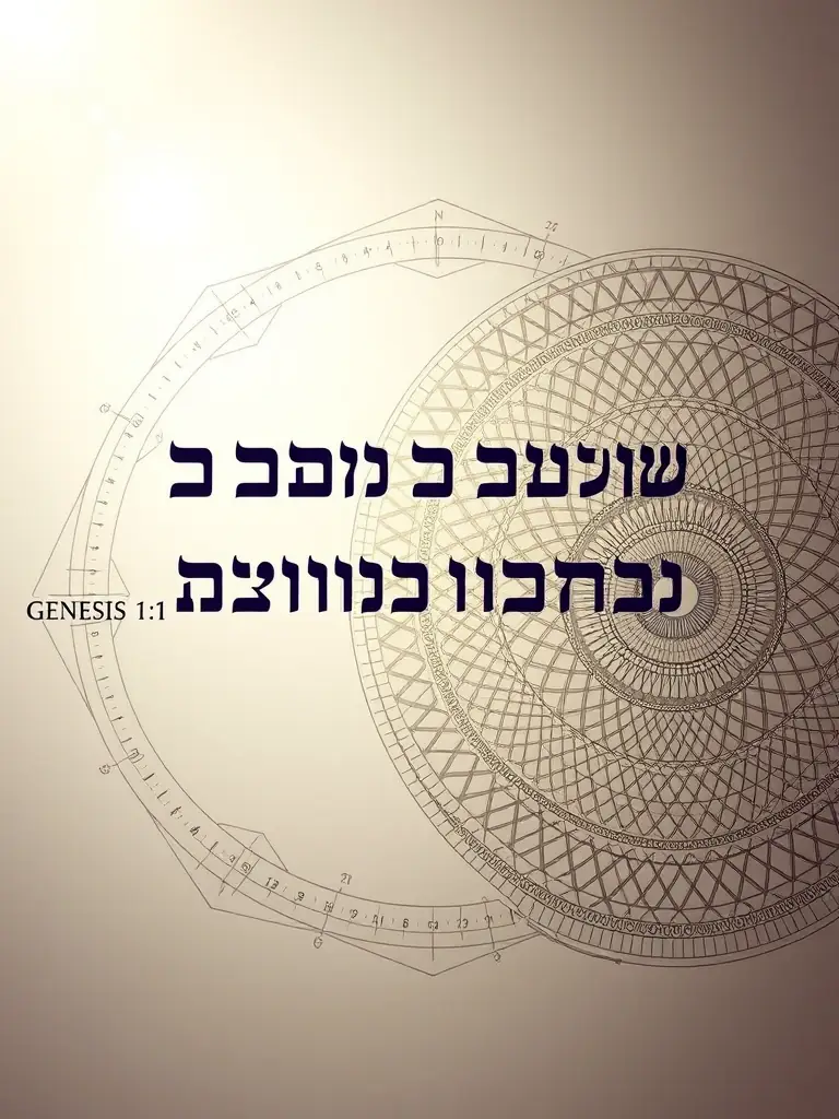 A detailed graphic showcasing the Hebrew text of Genesis 1:1 overlaid with geometric patterns derived from mathematical constants.