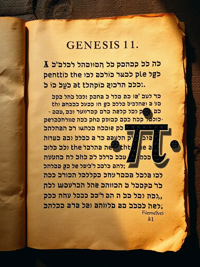 A detailed image showcasing the Hebrew text of Genesis 1:1 with overlaid mathematical symbols like pi, phi, and the Fibonacci sequence, illustrating the project's core concept.