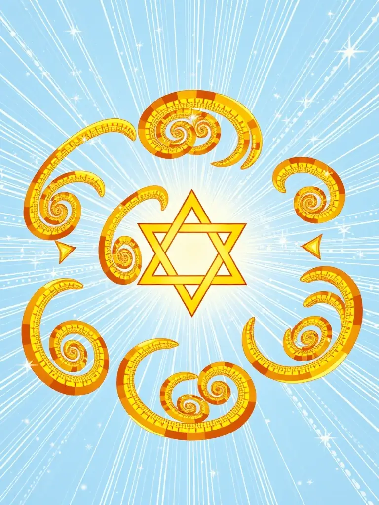 An illustration depicting the Fibonacci sequence spiraling outwards from the center of a Star of David, symbolizing growth and divine proportion.