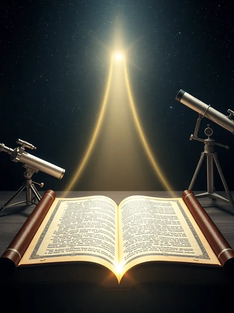 An image depicting a bridge connecting spiritual symbols with scientific instruments, representing the bridging of spirituality and science.